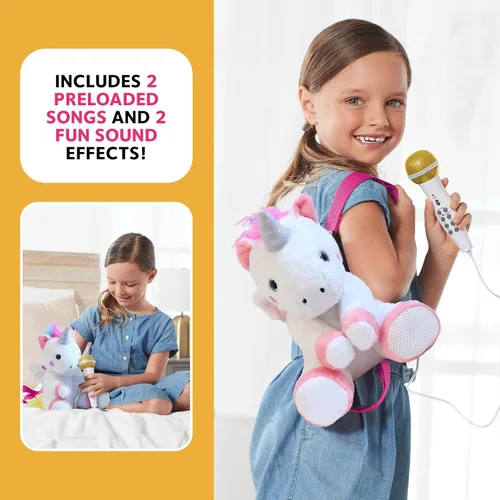 Vista 4 de Singing Machine Máquina de karaoke portátil para niños, mochila de juguete de peluche con micrófono, The Sing Along Crew, Uni Queen (blanco y rosa)
