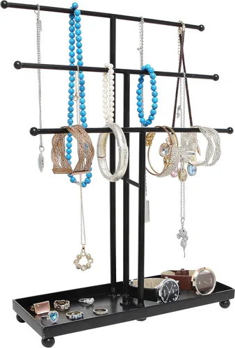 Moderno organizador de joyas, para pulseras y collares, de meta, 3 niveles, estructura de exhibición en forma de árbol c bandeja para anillos
