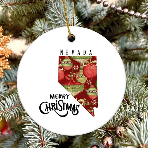 Vista 5 de Flat Circle Ceramic Christmas Ornaments,Merry Christmas US Nevada State Map Ornaments for Christmas Tree Hanging Decorations Funny Holiday Keepsake