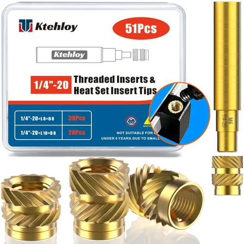 51 piezas de insertos roscados, kit surtido de tuercas moleteadas SAE de rosca hembra, inserto de latón para componentes de plástico y impresión 3D