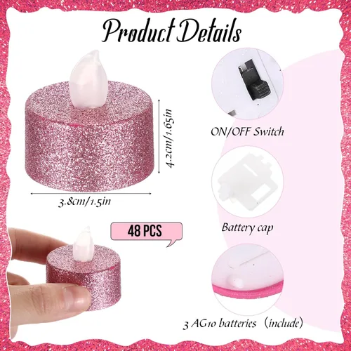 Vista 2 de Retisee 48 velas LED sin llama, con purpurina, velas falsas eléctricas para centros de mesa, funciona con pilas, decoración romántica de invierno