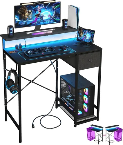 X-cosrack Escritorio pequeño para juegos de 33.5 pulgadas con luces LED y soporte largo para monitor, escritorio compacto para computadora con tomas