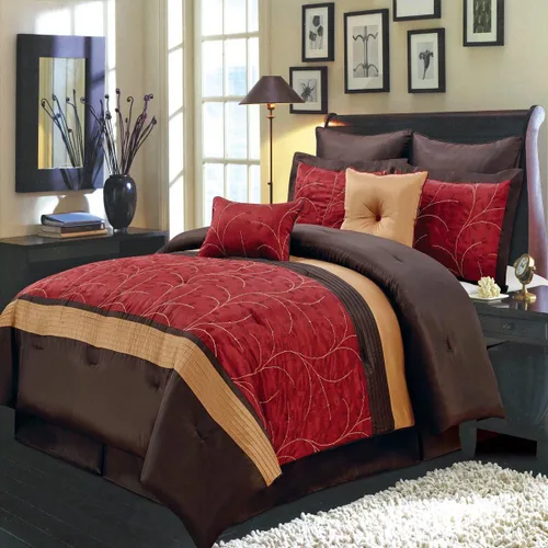 Atlantis - Juego de edredón de lujo de 8 piezas tamaño King, color rojo, dorado y chocolate, incluye edredón, falda de cama, fundas de almohada,