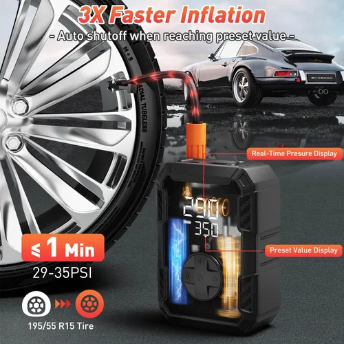 Vista 4 de Bomba de aire portátil para neumáticos de automóvil, inflador de neumáticos de 150 PSI inalámbrico con luz LED, compresor de aire recargable