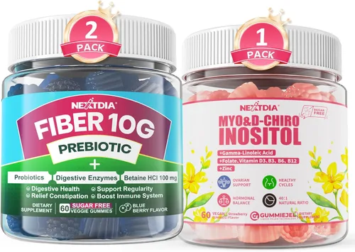 Nextdia Gomitas de fibra para adultos, suplemento de fibra prebiótica sin azúcar de 0.35 oz + suplemento de gomitas de mio-inositol y D-Chiro