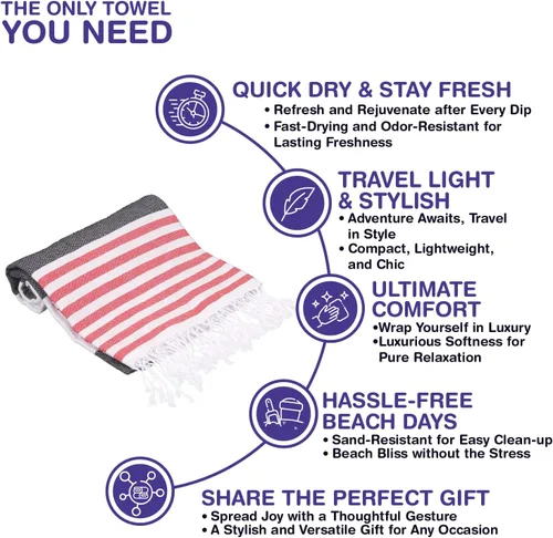 Vista 8 de Toalla de playa turca de gran tamaño, 38 x 71 pulgadas, 100% algodón turco, sin arena, de secado rápido, extra grande, a rayas, de cabaña, toalla