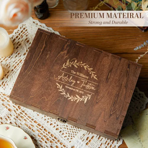 Vista 4 de AW BRIDAL Caja de recuerdos de boda personalizada con tapa, caja de almacenamiento de memoria de madera, regalos de despedida de soltera