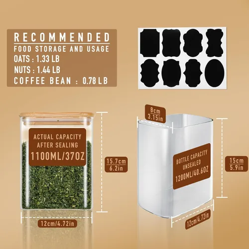Vista 2 de D2scrma Contenedores herméticos rectangulares de vidrio de 37 onzas con tapas de bambú (juego de 4), tarro cuadrado de almacenamiento de alimentos