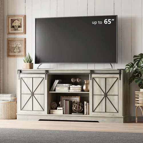 Vista 8 de Soporte de TV estilo granja para televisores de 65/60/55 pulgadas, centro de entretenimiento rústico con gabinetes de almacenamiento y puertas