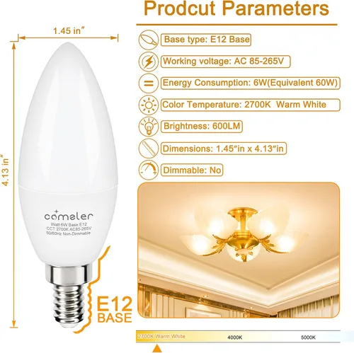 Vista 3 de comzler Bombilla LED E12, bombillas LED pequeñas equivalentes a 60 W, bombillas blancas cálidas de 2700 K para ventilador de techo, lámpara tipo B