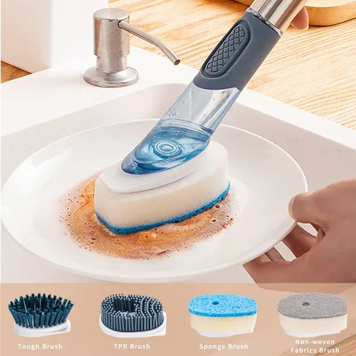 Vista 4 de Cepillo de limpieza de platos, juego de cepillos dispensadores de jabón con 4 cabezales de repuesto y soporte de almacenamiento, cepillo de cocina