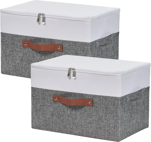 Vista 50 de Contenedores de almacenamiento con tapa con cremallera de tela de algodón y lino, cestas de almacenamiento con tapa, cajas plegables lavables