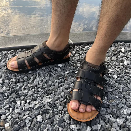 Vista 6 de VOCECO - Sandalias de cuero para hombre con puntera abierta, ajustables, ligeras, para playa y verano