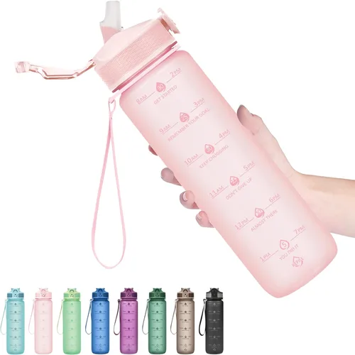 Vista 22 de Hyeta Botellas de agua de 32 onzas con popote, mantente motivado e hidratado con marcas de tiempos convenientes para beber, duraderas, a prueba
