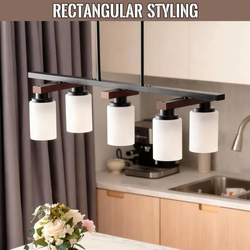 Vista 6 de Iluminación de isla de cocina de 5 luces y accesorios de luz de comedor de granja sobre mesa, colgante de techo rústico ajustable colgante lineal