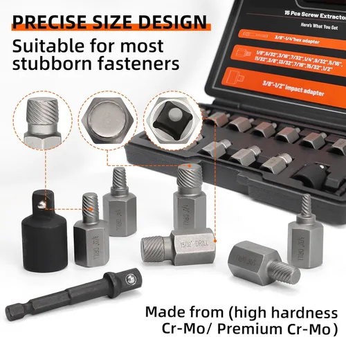 Vista 3 de Juego de 15 extractores de tornillos, extractor de tornillos de doble cabeza hexagonal, extractor de tuercas multieslina, 3/8 pulgadas, juego
