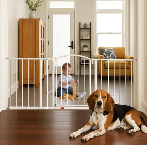 Puerta de bebé para escaleras, 28-51.5 pulgadas de ancho ajustable, 27 pulgadas de alto, puerta para perros con kits de presión y montaje en pared,