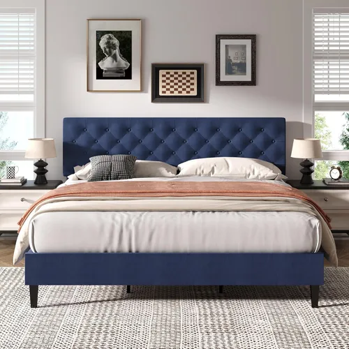 Vista 14 de BarnFurin Base de cama Queen, plataforma tapizada con cabecera capitoné con botones, camas de tela tamaño Queen con soporte de listones de madera