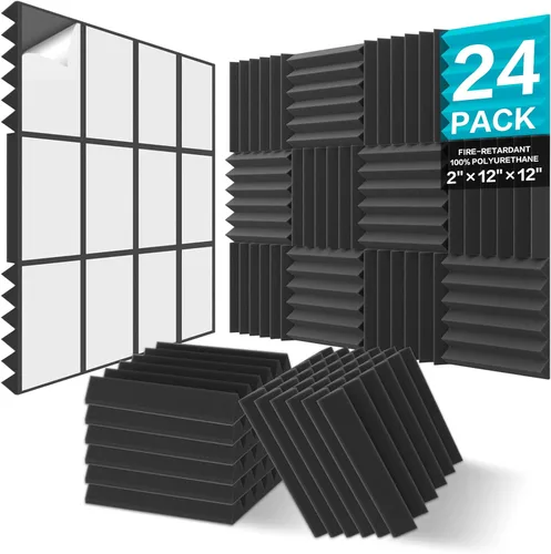 Vista 17 de JBER - Paquete de 48 paneles acústicos de espuma, cuñas de estudio autoadhesivas mejoradas de 1 x 12 x 12 pulgadas, acolchado insonorizante