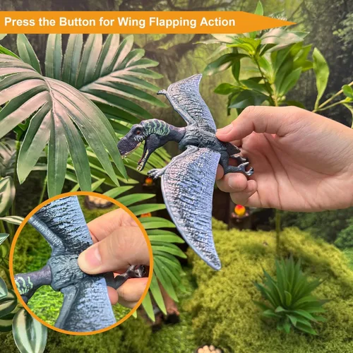 Vista 2 de EKU Juguetes de Dinosaurio Pterodáctilo con Aleteo de Alas Juguete Eudimorphodon, Cabeza se Mueve Ataca Brachiosaurus Styracosaurus Figuras