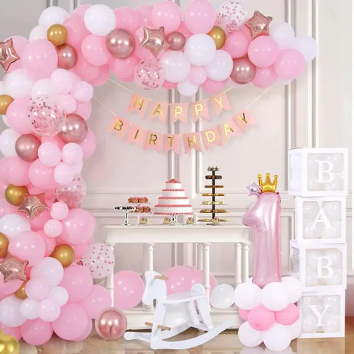 Vista 5 de Decoraciones de primer cumpleaños para niña, kit de arco de globos rosados, pancarta de feliz cumpleaños número 1, corona de globos de oro rosa