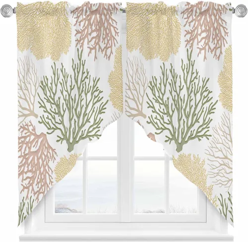 Vista 15 de Cenefa de amarre para ventanas, cortinas náuticas costeras de coral, cenefas con bolsillo para barra, cortinas de ventana con temática de playa