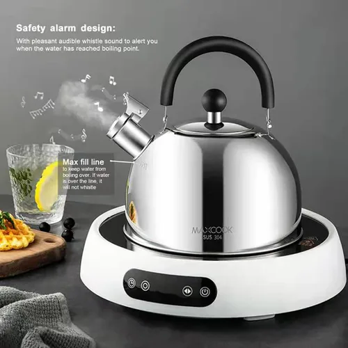 Vista 3 de Hervidor de té silbante de acero inoxidable 304, 2.1 cuartos/2L, adecuado para hervir agua y té en estufa de inducción, parte superior de estufa