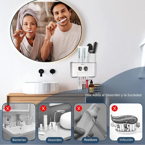 Vista 5 de Portacepillos de Dientes, Portacepillos de Dientes Multifuncional Montado en Pared, Dispensador de Pasta de Dientes para Baño con 2 Exprimidores