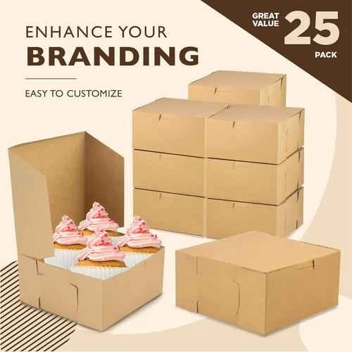 Vista 3 de Fit Meal Prep Paquete de 25 cajas de papel kraft para panadería, 6 x 6 x 3 pulgadas, cajas de cartón para dulces, cajas de galletas, cajas de postre