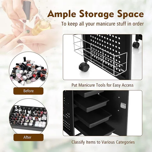 Vista 6 de Giantex Mesa de manicura, mesa de uñas con colector de polvo, reposamuñecas, lámpara LED flexible, armario de 5 cajones con llaves, ruedas