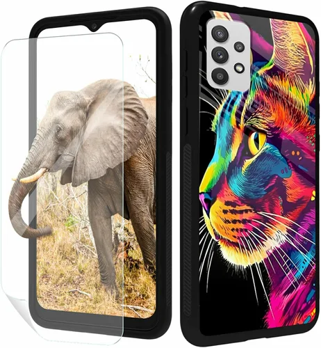 Vista 132 de for Samsung Galaxy A17 5G Phone Case 6.7" with Screen Protector Slim Tempered Glass Back Cover A Purple Cat Design Shockproof Protective Case for