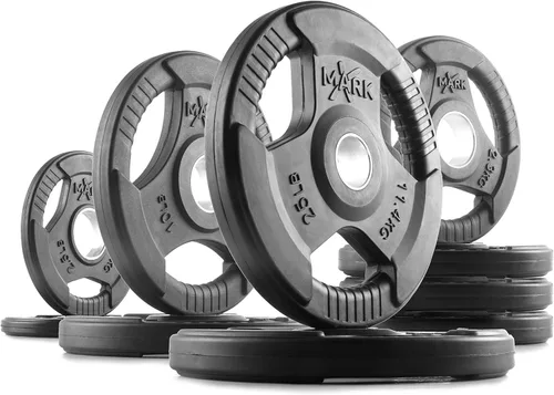 Vista 14 de XMARK TRI-GRIP - Par o juego de discos de peso olímpicos, pesas de ejercicio con revestimiento de goma para barra olímpica, juego de pesas