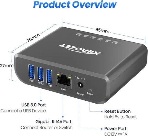 Vista 7 de LK301E Servidor de dispositivos USB Gigabit - Hub de 3 puertos USB sobre IP para LAN, servidor USB Gigabit Ethernet compatible con impresoras