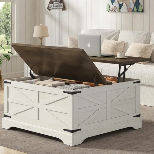 Vista 3 de Furnideco - Mesa de centro cuadrada de 35.5'' de ancho con tapa elevable, mesa de centro de granja con almacenamiento oculto, mesa central de madera