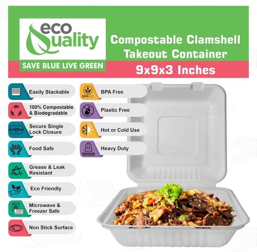 Vista 2 de Contenedor de comida cuadrado compostable con bisagras para llevar, 9 x 9 x 3 pulgadas, contenedores desechables de calidad resistente, con un solo