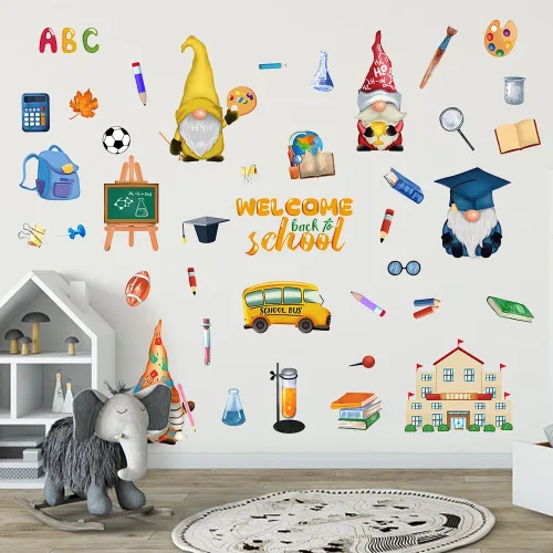Vista 6 de ALIBBON Calcomanías de pared de bienvenida de regreso a la escuela para aula, calcomanías de gnomo para niños, calcomanías de primer día de escuela