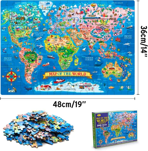 Vista 3 de Rompecabezas de mapa del mundo de 200 piezas para niños y adultos, rompecabezas de mapa del mundo, rompecabezas de suelo, juguetes educativos