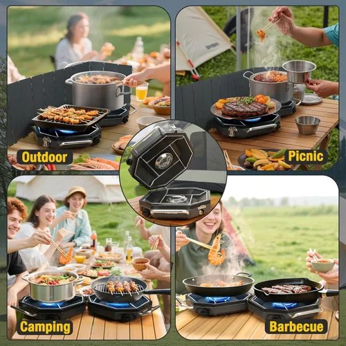 Vista 6 de Estufa de campamento de propano de 2 quemadores, estufa de campamento de propano de 20,000 BTU, estufa de gas portátil con parabrisas, bolsa