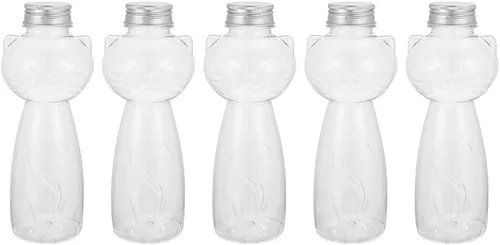DOITOOL Botellas reutilizables, 5 botellas transparentes para jugo con tapas en forma de gato, botella de agua reutilizable para té, botellas de