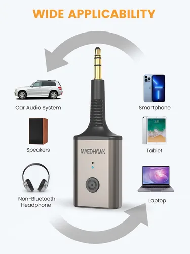 Vista 6 de MaedHawk Receptor de audio inalámbrico Bluetooth 5.3 portátil, adaptador giratorio de 0.138 in para altavoz estéreo de coche, auriculares con cable