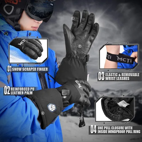 Vista 4 de MCTi - Guantes impermeables de invierno para snowboard, con piel sintética para pantalla táctil y correas para muñeca