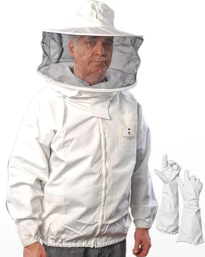 Chaqueta de apicultura con velo redondo y guantes, chaqueta de abeja 100% algodón con cremalleras YKK de latón - S