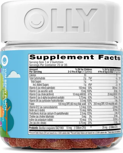 Vista 7 de OLLY Gomitas multivitamínicas y probióticas para niños, apoyo digestivo, vitaminas A, D, C, E, B, zinc, suplemento masticable, sabor a bayas