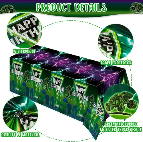 Vista 3 de Manteles de camión monstruo verde y morado – Funda rectangular desechable para baby shower, fiesta de cumpleaños de niños, decoración de mesa
