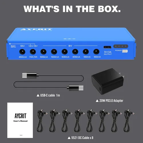 Vista 8 de [Nueva versión] Fuente de alimentación de pedal de guitarra AYCRIT recargable, 12800 mAh, 9 salidas 9V2A/12V1.5A/18V450mA y puerto USB-C 5V2A