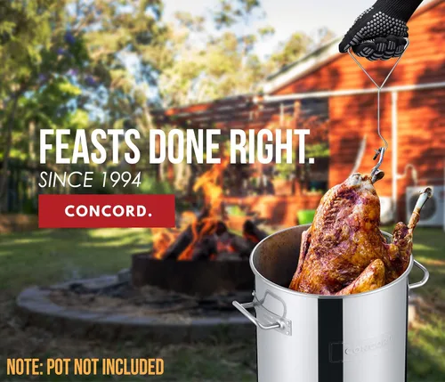 Vista 5 de Kit de freidora de pavos de acero inoxidable de 6 piezas CONCORD. Los accesorios para freír incluyen: rejilla, elevador, termómetro, guantes