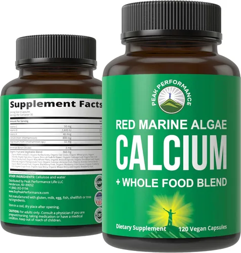 Plant Based Calcium - Red Marine Algae Calcium Supplement with Vitamin C, D3, K, Magnesium, and Whole Food Vegetable Blend. Vegan Capsules for Bones