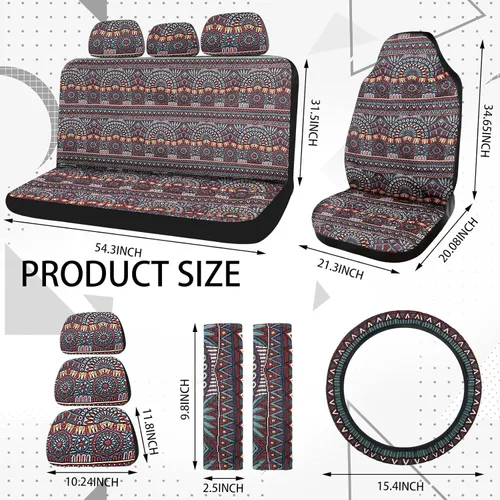 Vista 6 de Frienda - Juego completo de fundas para asientos de coche estilo Baja, manta de sillín multicolor con diseño bohemo a rayas, funda para volante