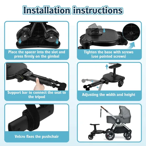 Vista 6 de Tabla universal de paseo 2 en 1 con asiento desmontable, tabla planeadora para cochecito adecuada para la mayoría de marcas de cochecitos, soporta