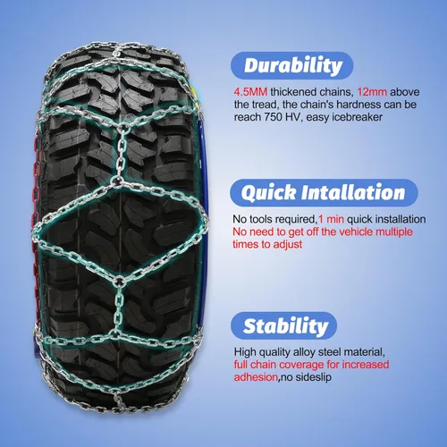 Vista 4 de Cadenas de nieve para camionetas, 2 piezas x 12 mm, cadenas de neumáticos de instalación rápida de 1 minuto con tensor automático, cadena
